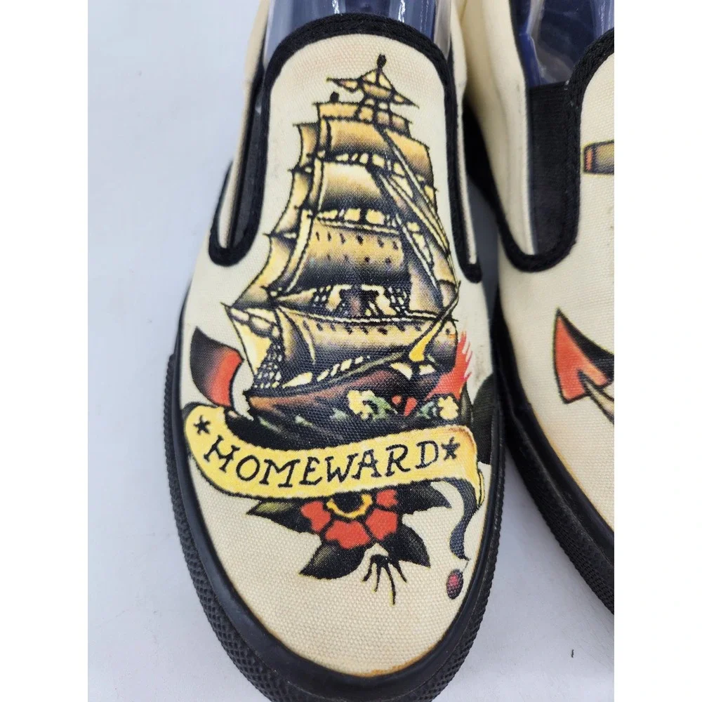 Converse Sailor Jerry Slip On Skidgrip Shoes Mens 10 Cream Tattoo Design Anchor